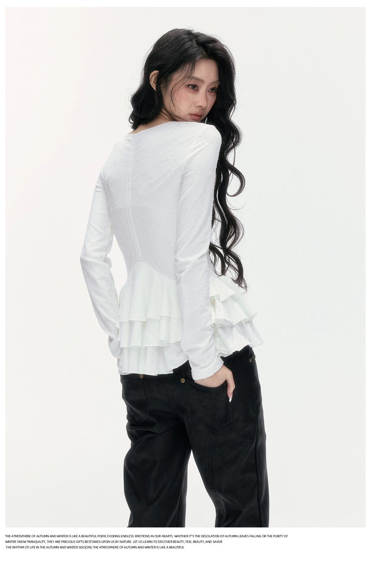 24olvides - V-Neck Lace Top with Tiered Hem (White / Khaki)
