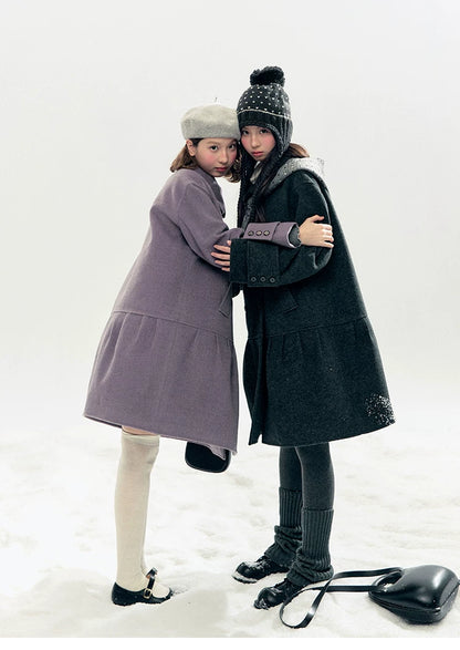 "Winter Chime" Double-Breasted Quilted Wool-Blend Coat (Smoky Purple/ Ash Gray)