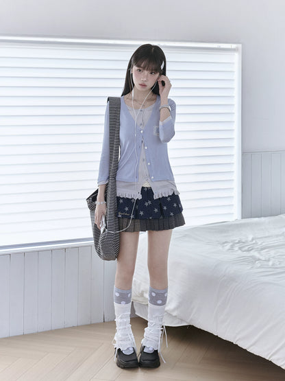 "Starry Miu" Layered Knit Collection (Dusty Blue Cardigan / Polka Dot Skirt)