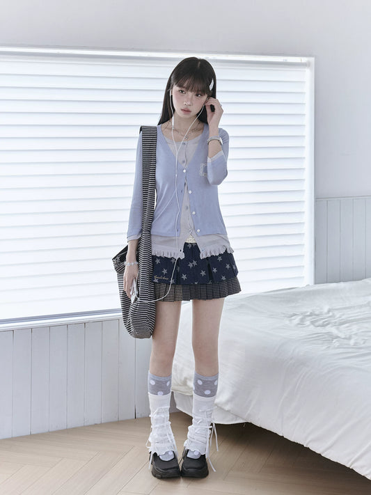 "Starry Miu" Layered Knit Collection (Dusty Blue Cardigan / Polka Dot Skirt)