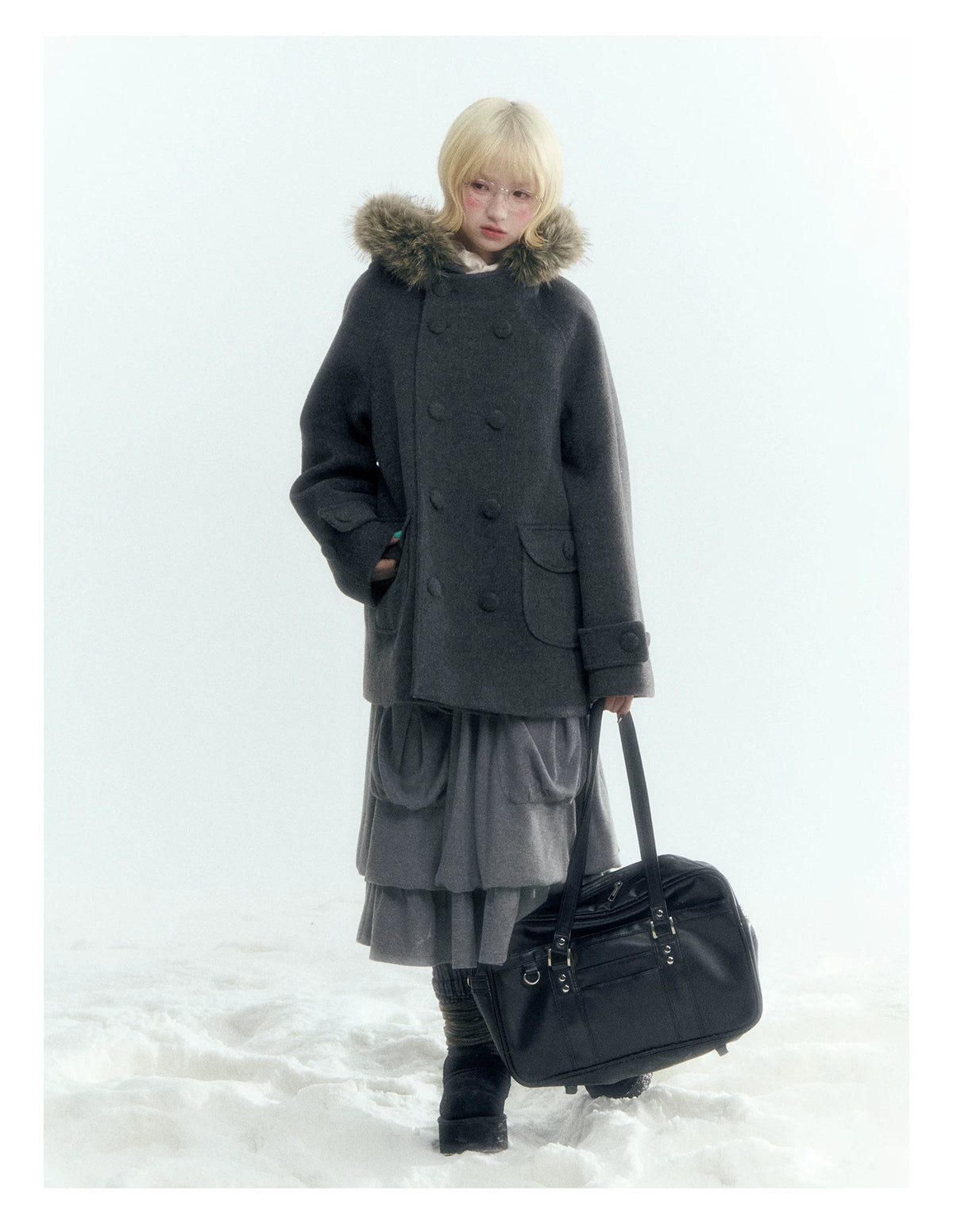 Japanese Hooded Double-Breasted Wool Coat (Deep Charcoal Gray / Taro Purple)