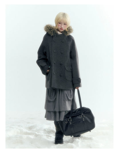 Japanese Hooded Double-Breasted Wool Coat (Deep Charcoal Gray / Taro Purple)