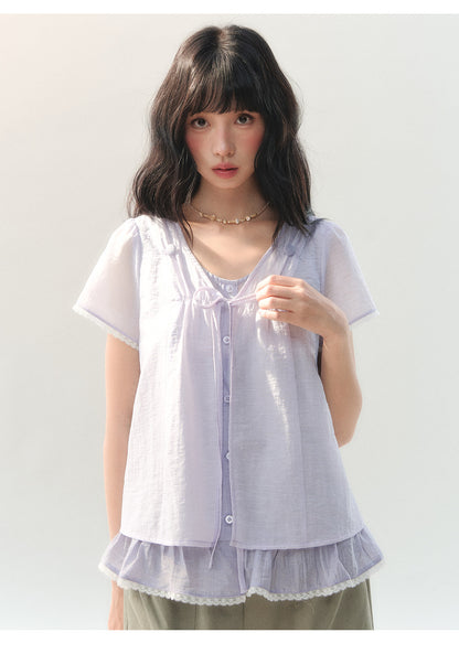[CAN] "Lilac Cotton Bloom" Lavender Lace Trim Lightweight Cardigan