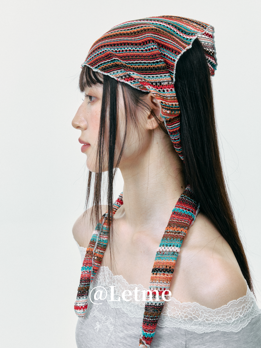 Bohemian Striped Knit Headscarf – Lightweight Openwork Triangle Bandana