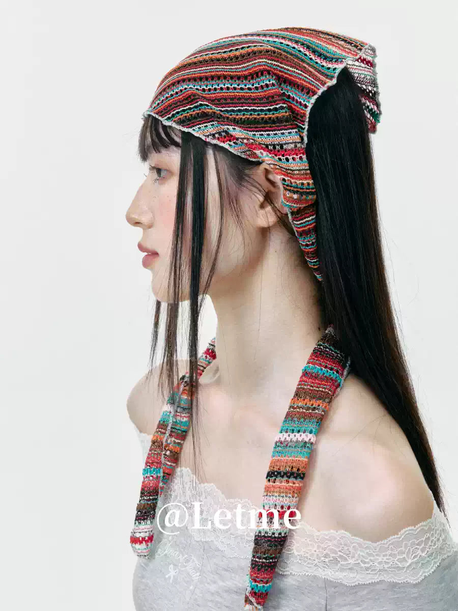 Bohemian Striped Knit Headscarf – Lightweight Openwork Triangle Bandana