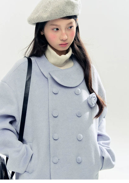 "Rose Manifesto" Frosted Blue Double-Breasted Quilted Wool-Blend Peacoat