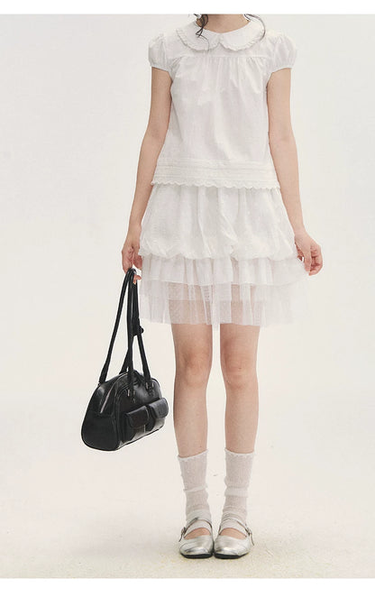 "Black & White Sonata" Polka Dot Mesh Tiered Jellyfish Skirt (White/ Black)
