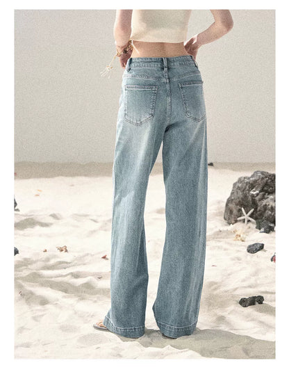 "Starlit River Shimmer" Distant Sky Blue Rhinestone Wide-Leg Jeans 65633