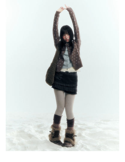 Dark Taupe Brown Polka Dot Layered Knit Sweater