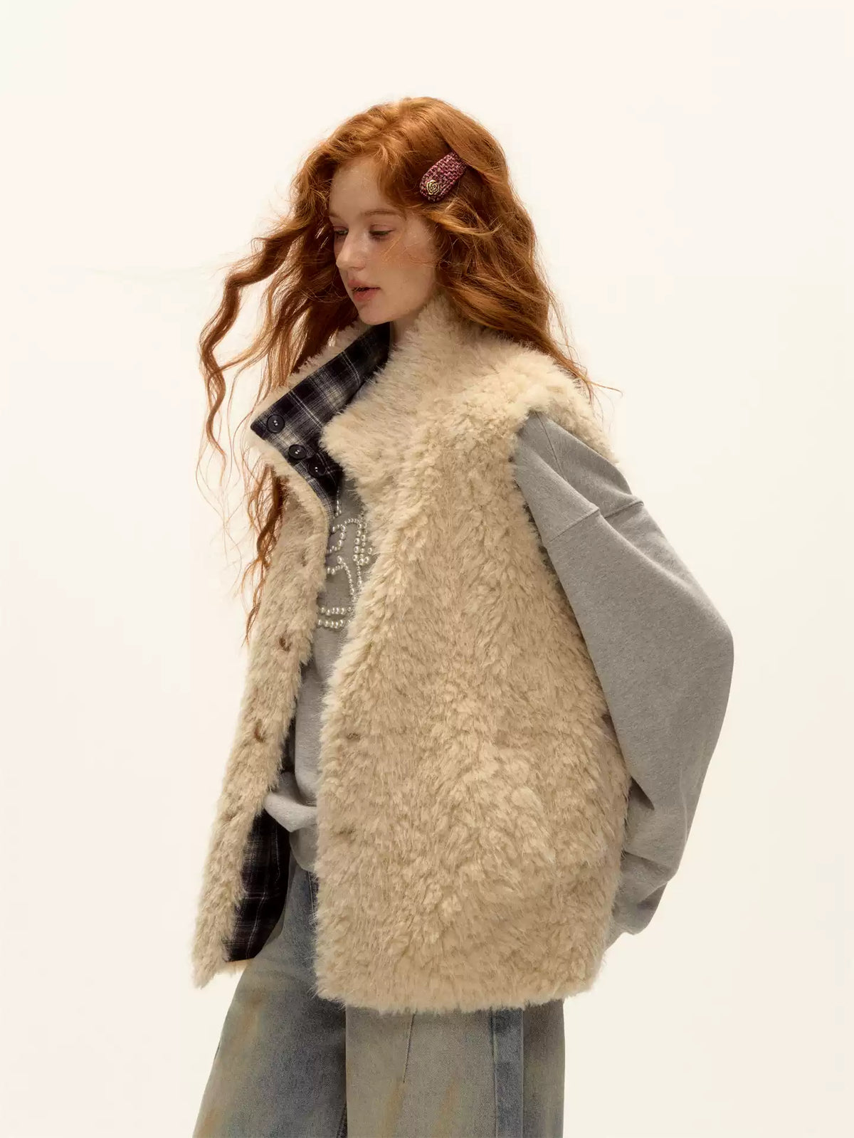 ASGONY - Reversible Plaid & Faux Fur Stand-Collar Vest