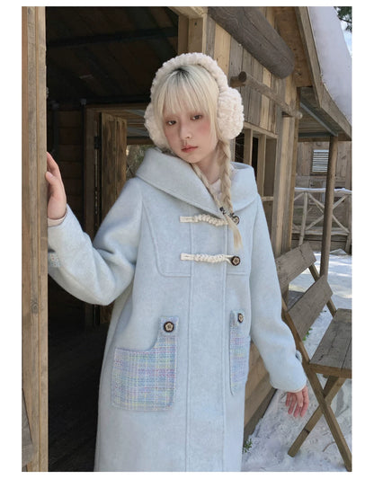 RF - Light Blue Plaid Mid-Length Wool-Blend Coat with Toggle Closures
