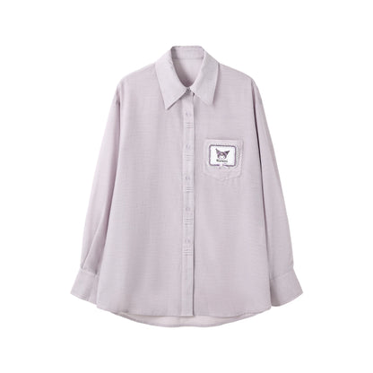 170726K "Campus Icons" Gray Purple Relaxed Polo Overshirt (Kuromi / My Melody / Cinnamoroll)