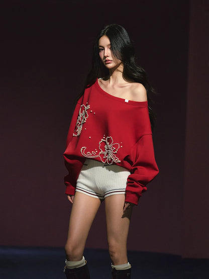 "Pearl Reverie" Pearl Embellished Convertible Off-Shoulder Sweatshirt (Red/ White)
