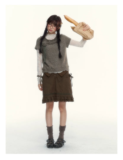 “Hazelnut Mousse” Tea Brown Vintage 3D Floral Ruffle Knit Top
