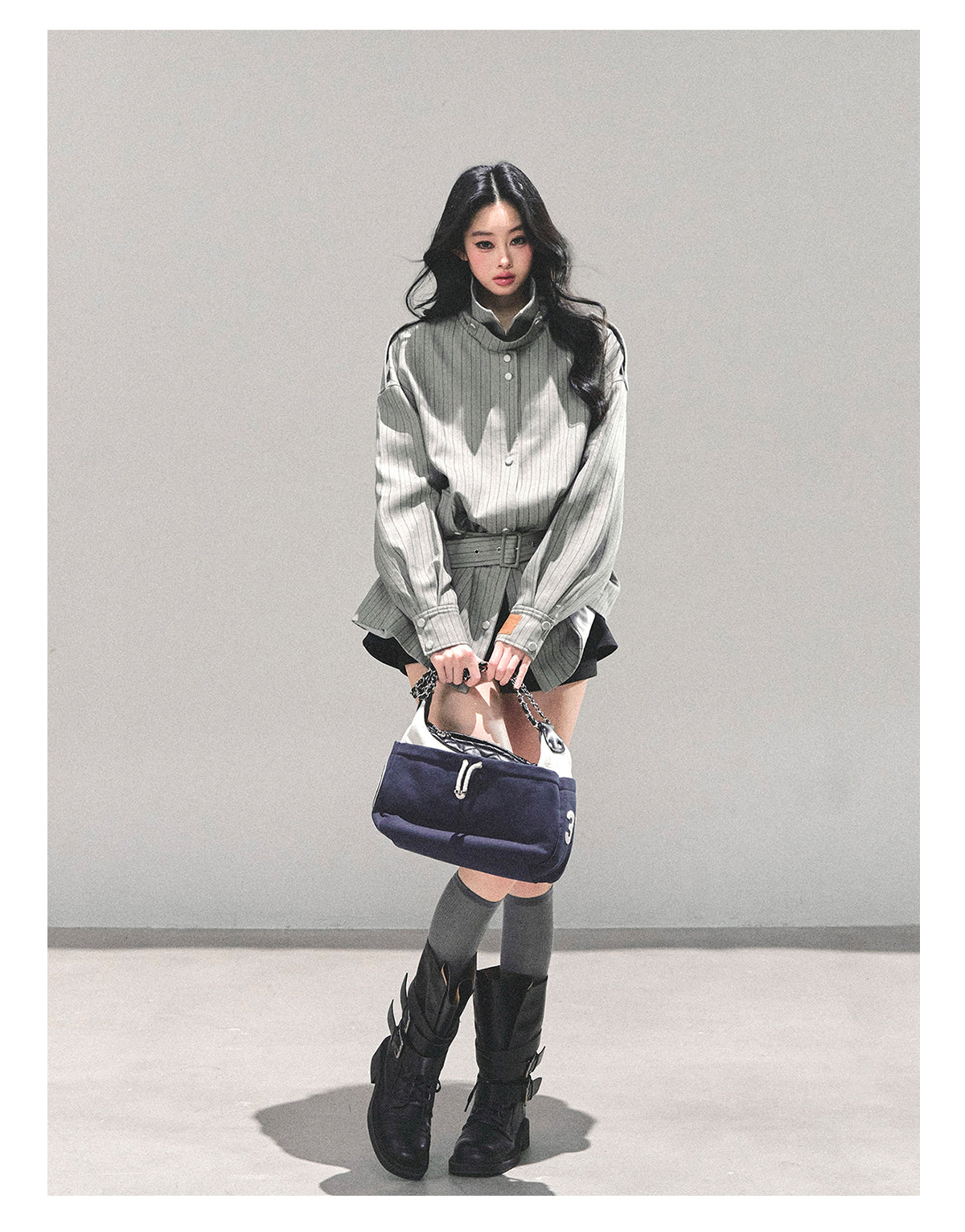 少也眼 “St. Martin Academy” French-British Striped High-Neck Jacket with Belt – Gray 94161