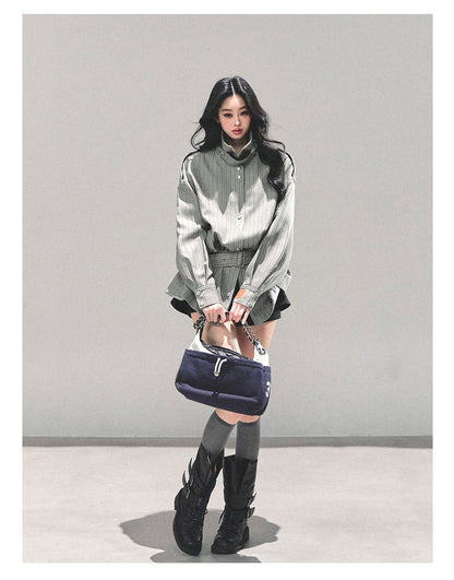 少也眼 “St. Martin Academy” French-British Striped High-Neck Jacket with Belt – Gray 94161