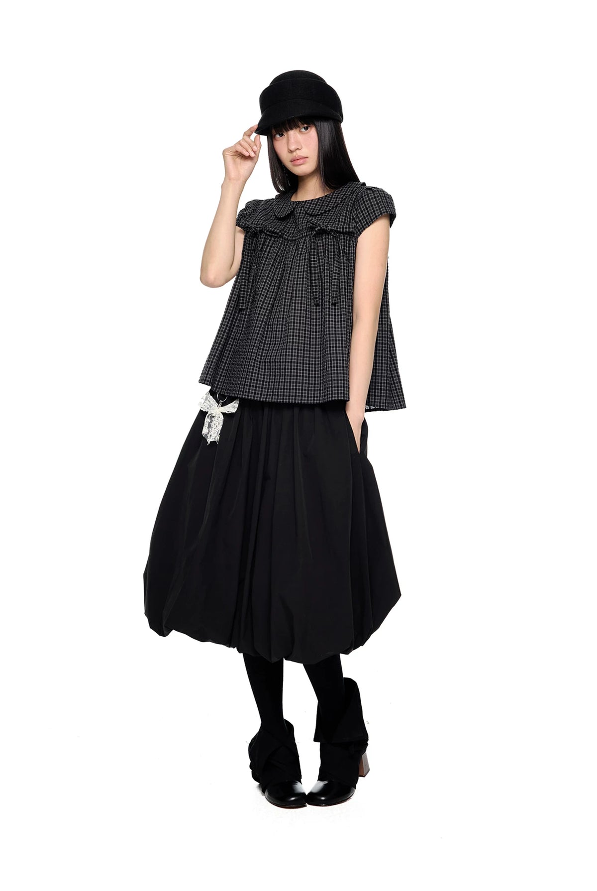 EZEK | Peter Pan Collar Gingham Shirt with Bubble Sleeves