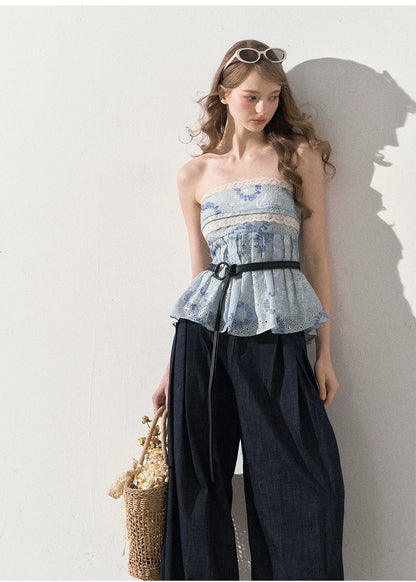 "Weekend Market" Blue Porcelain Peplum Tube Top