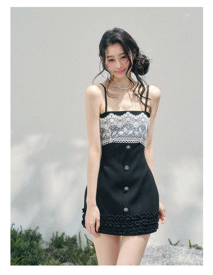 “Midnight Soliloquy” Black Lace Slip Mini Dress