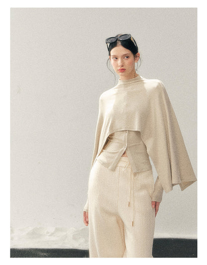 少也眼 "Moss Whisper" Ivory Two-Tone Shawl T-Shirt Two-Piece Set