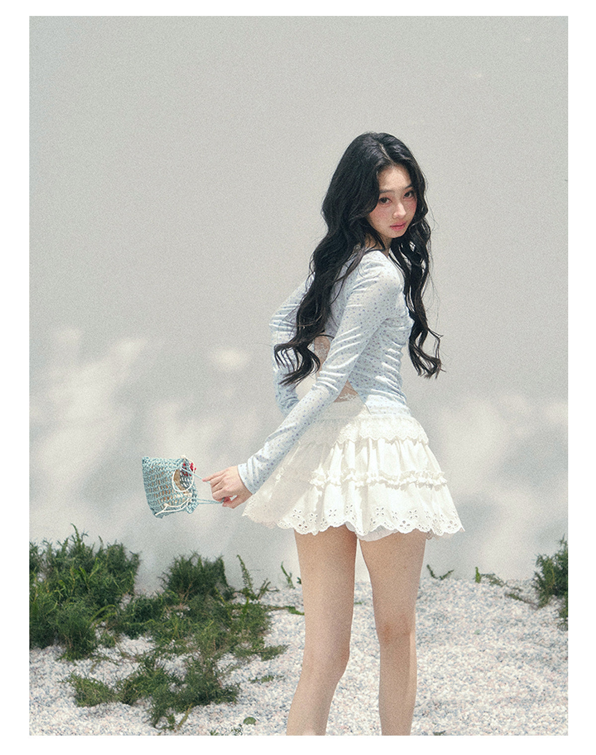 少也眼 "Heartbeat Pause" Baby Blue Back Lace Cut-Out Top 53685634