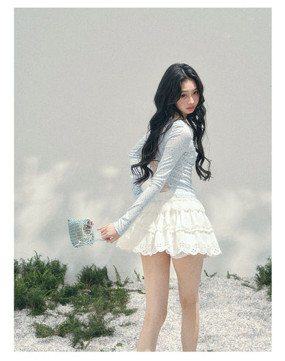 少也眼 "Heartbeat Pause" Baby Blue Back Lace Cut-Out Top 53685634