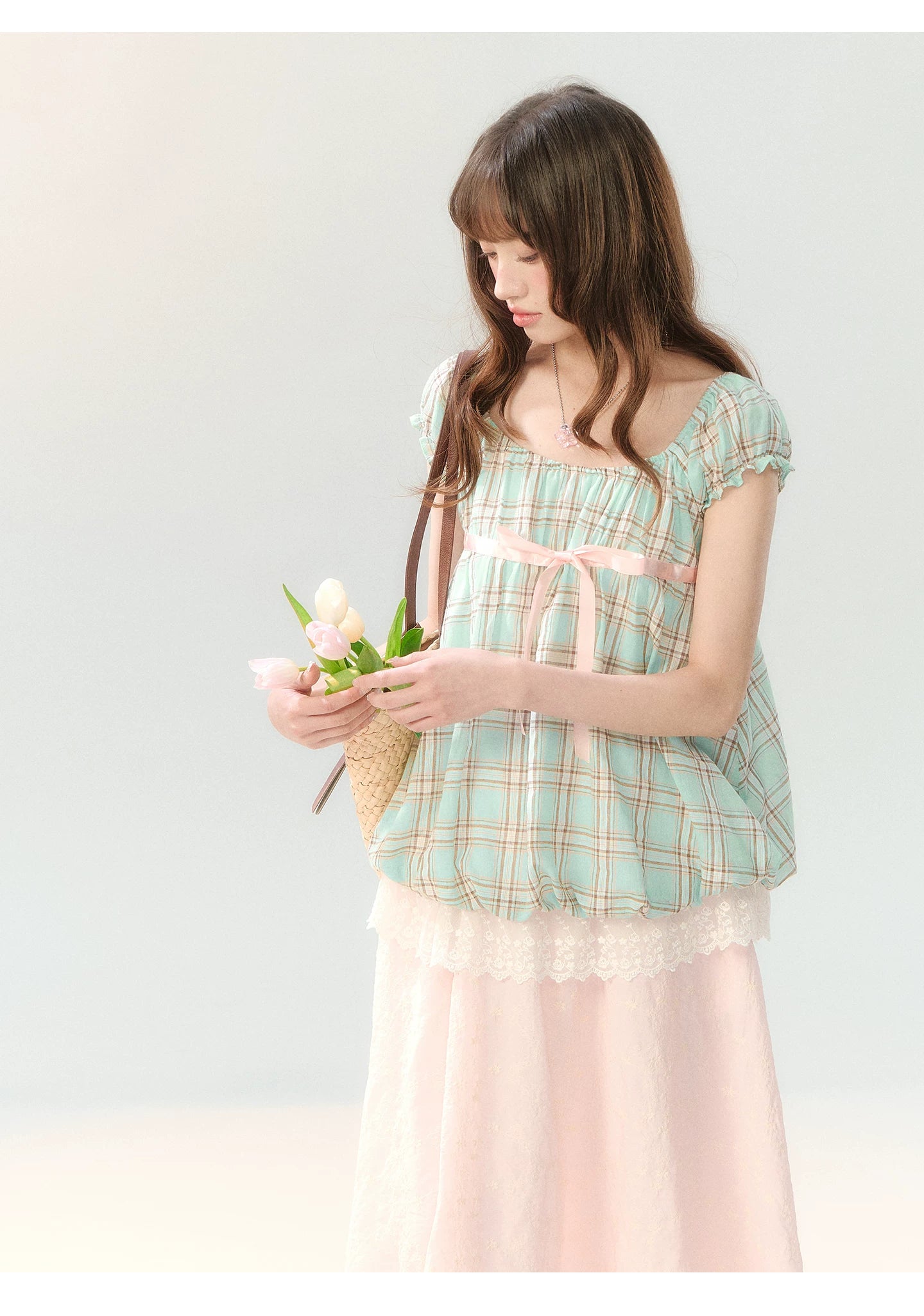"Mint Peach Whisper" Mint Green Plaid Embroidered Skirt Set LL2026196