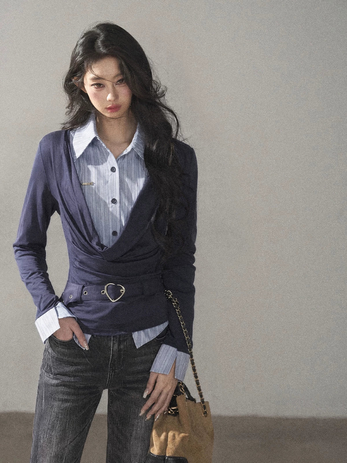 AOMALM - "Top of the Class" Navy & Black-Gray Striped Layered Long Sleeve Top (Navy / Black-Gray)