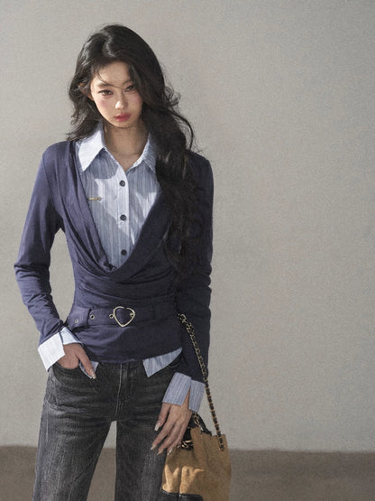 AOMALM - "Top of the Class" Navy & Black-Gray Striped Layered Long Sleeve Top (Navy / Black-Gray)