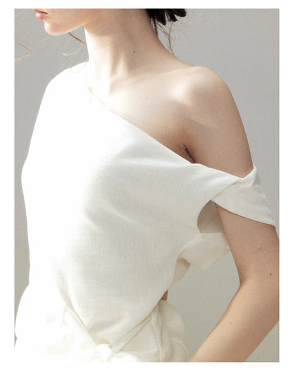"Her Moonlight" Camellia White Off-Shoulder Top & Wide-Leg Pants Set