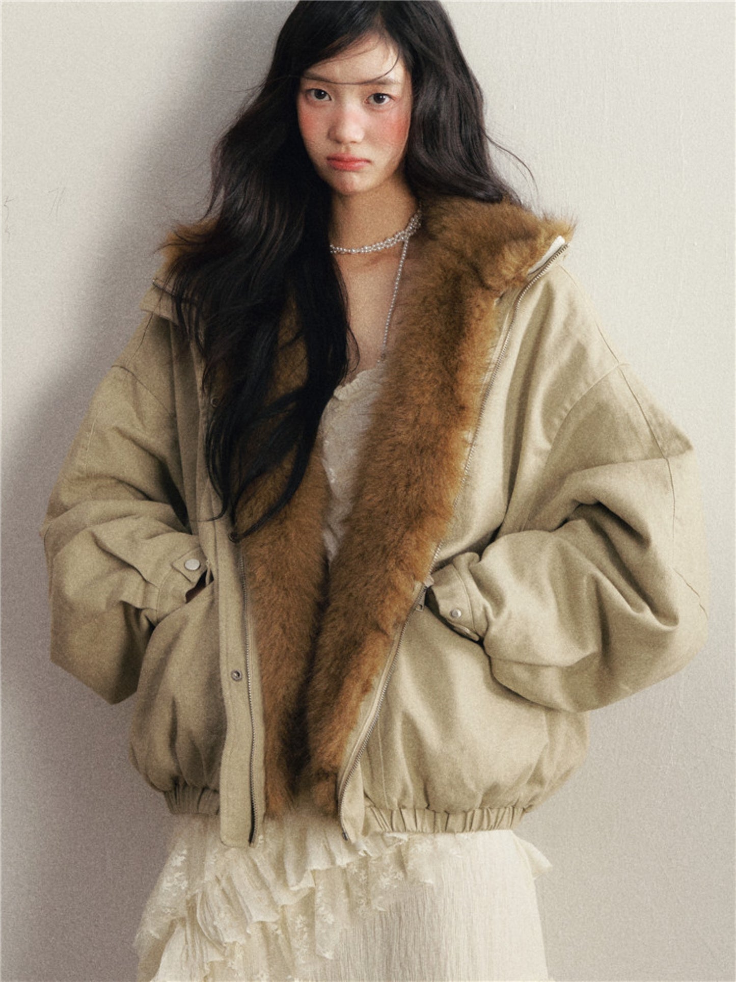 1P - Mint Green Detachable Faux Fur Cotton Padded Jacket