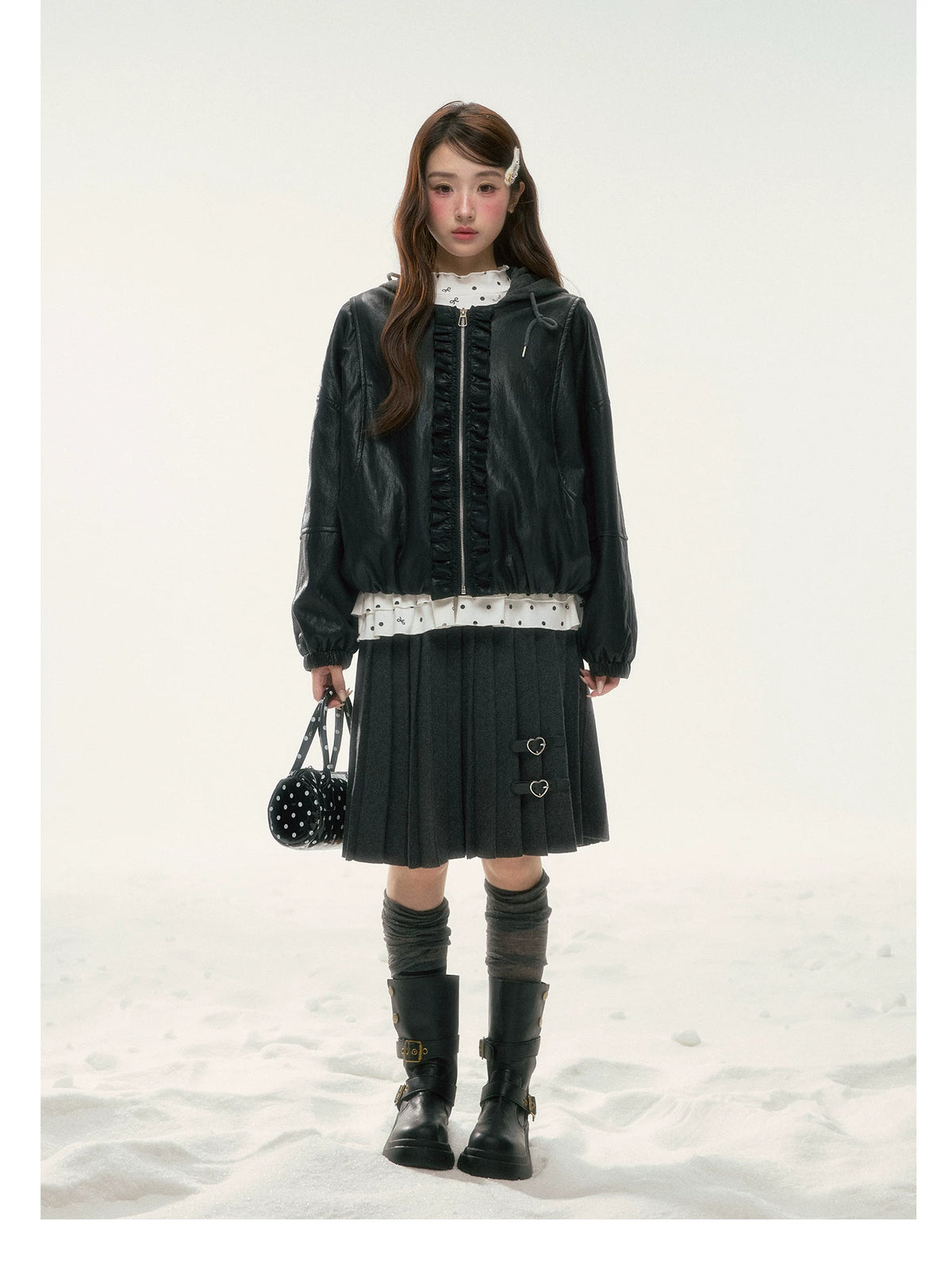 BIBIBENCY - Black Ruffle-Trim Faux Leather Jacket