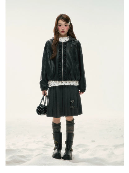 BIBIBENCY - Black Ruffle-Trim Faux Leather Jacket