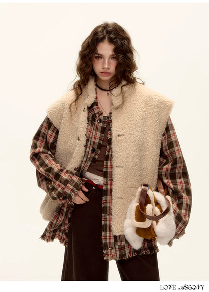 ASGONY - Brown Reversible Suede Faux Shearling Drawstring Vest