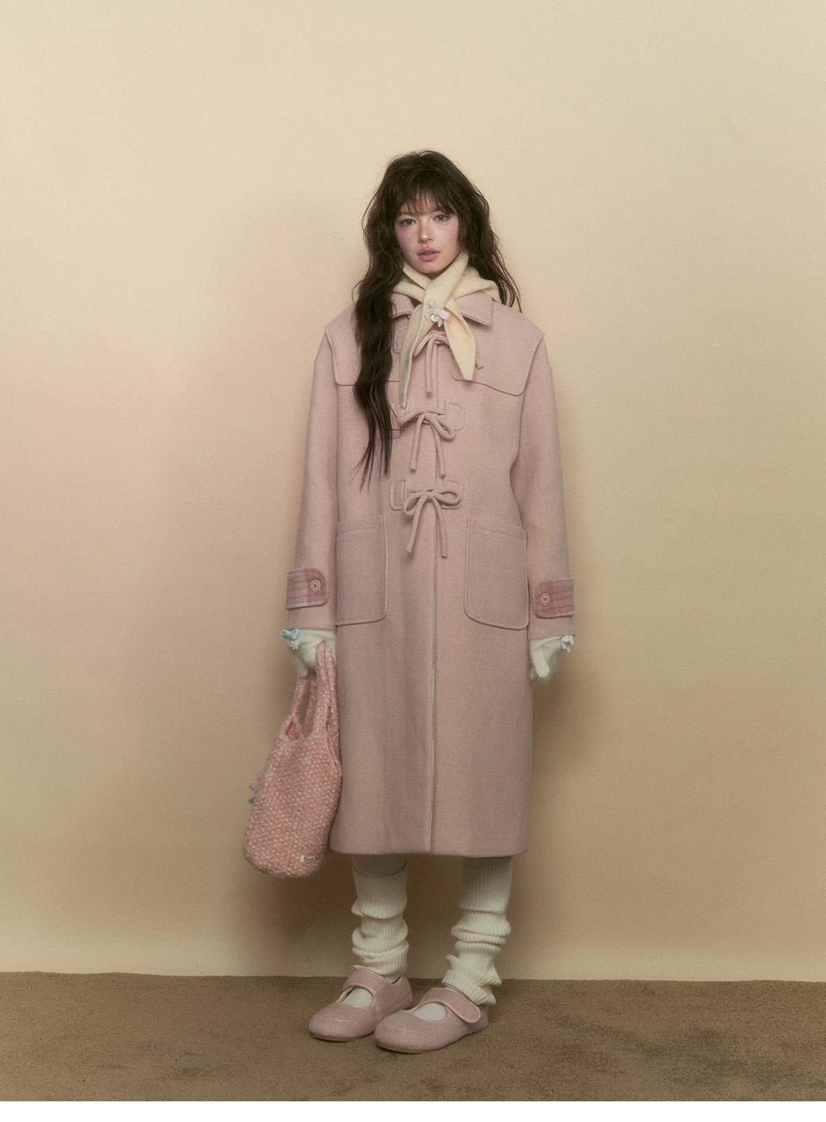 SunsetPark - Vintage Teddy Bear Bow Toggle Wool Coat (Blush Pink / Brown Bear)