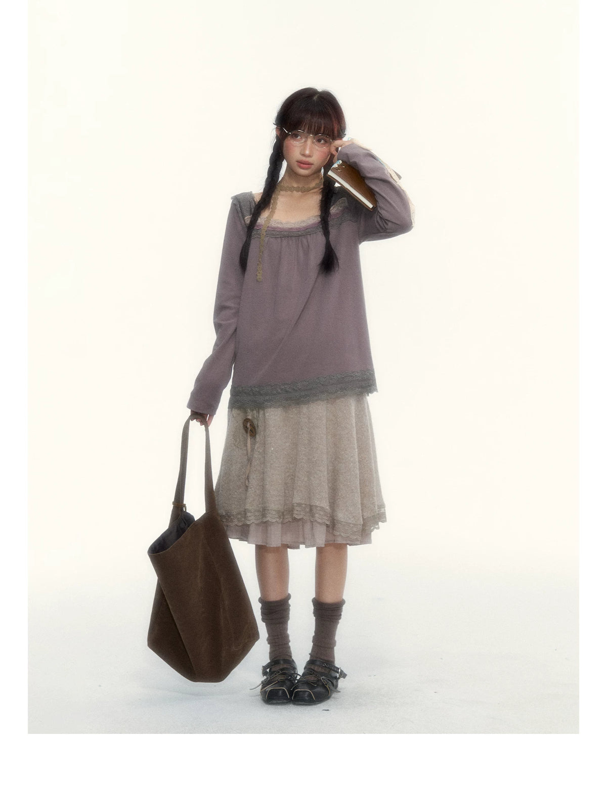 Gray Purple Lace-Trimmed Square-Neck Long-Sleeve T-Shirt