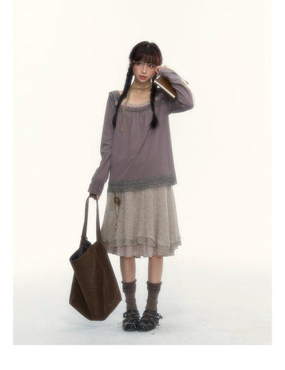 Gray Purple Lace-Trimmed Square-Neck Long-Sleeve T-Shirt