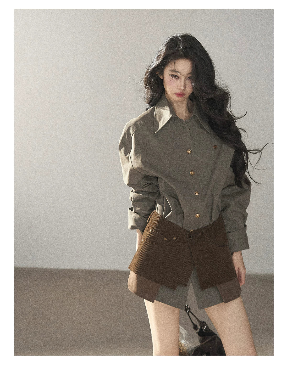 AOMALM - "Autumn Botanicals" Sage Green Striped Shirt & Wrap Faux Half-Skirt Set