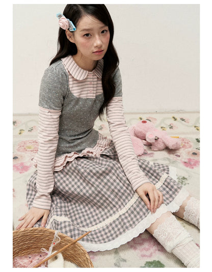 [RF] Gray & Pink Plaid A-Line Midi Skirt with Lace Trim