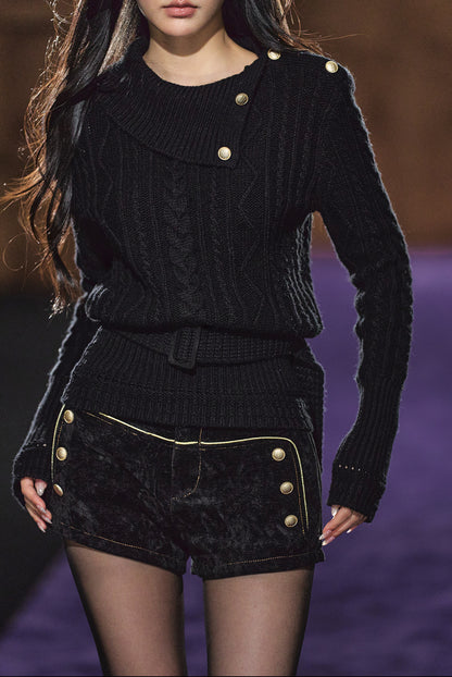 "Winter Hearth" Black Australian Wool Cable-Knit Mock Neck Sweater