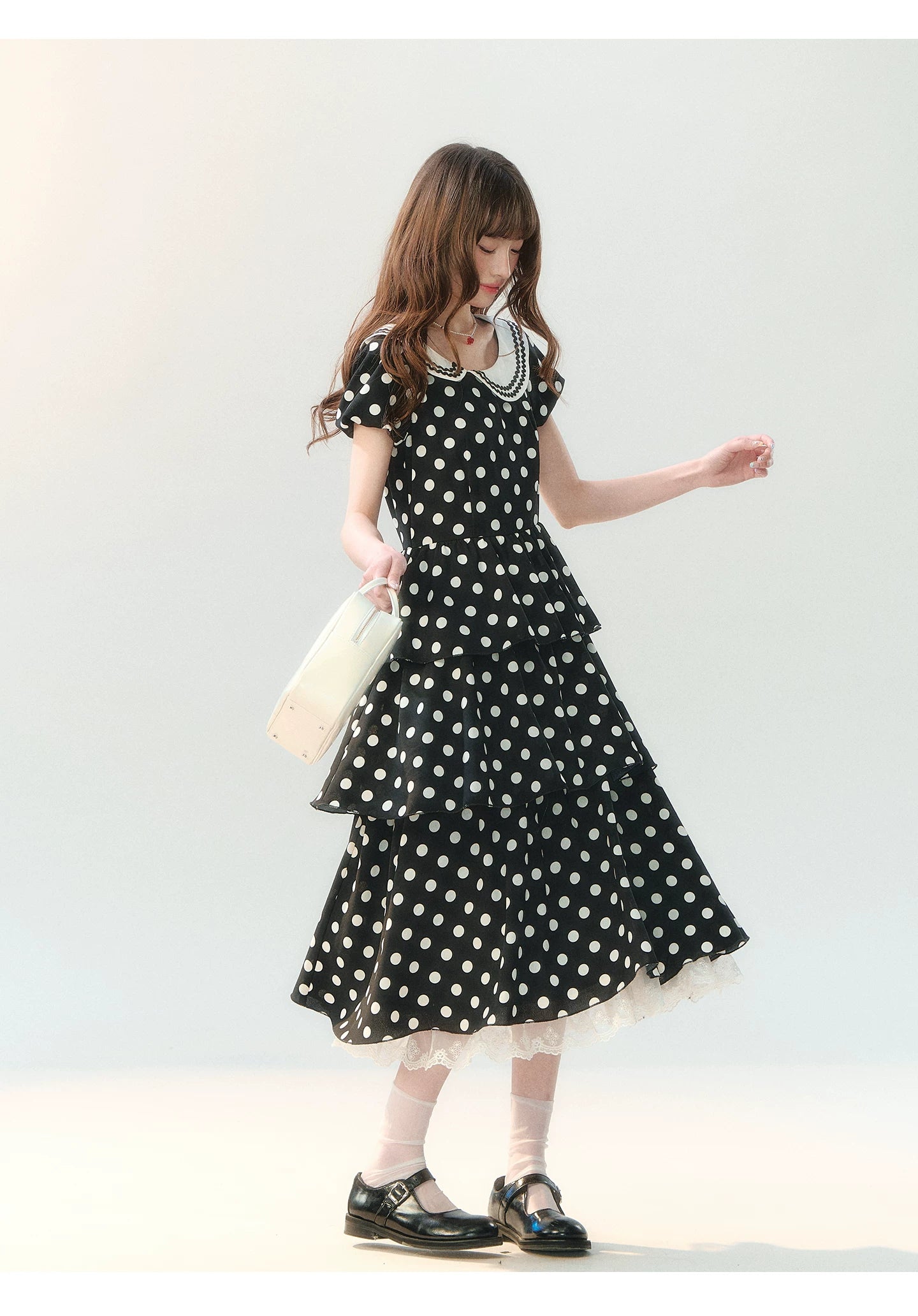 "Midnight Waltz Letter" Black Polka Dot Tiered Dress LL2026225