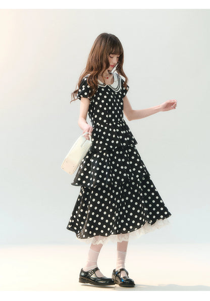 "Midnight Waltz Letter" Black Polka Dot Tiered Dress LL2026225