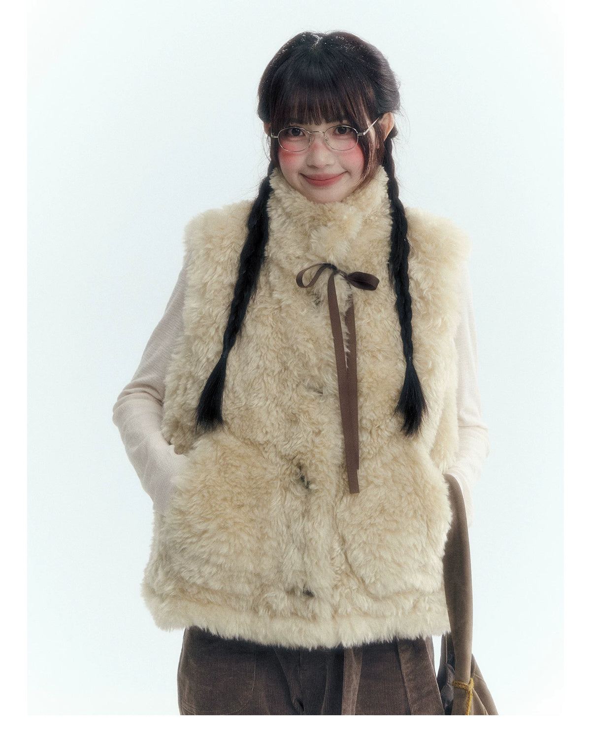 Horridale - Cream Beige Reversible Knit Vest with Detachable Bow