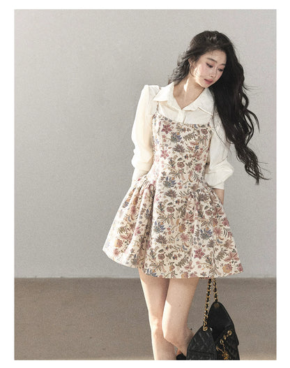 AOMALM - Dutch Cheese Floral Mini Dress & Creamy White Blouse Set
