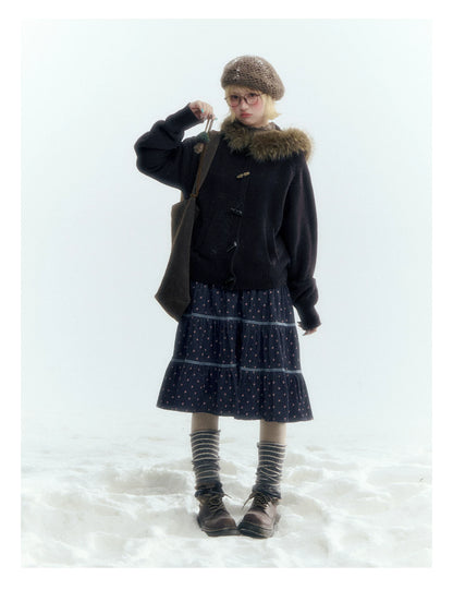 Horridale - Dark Coffee Brown Hooded Knit Cardigan with Detachable Faux Fur Collar