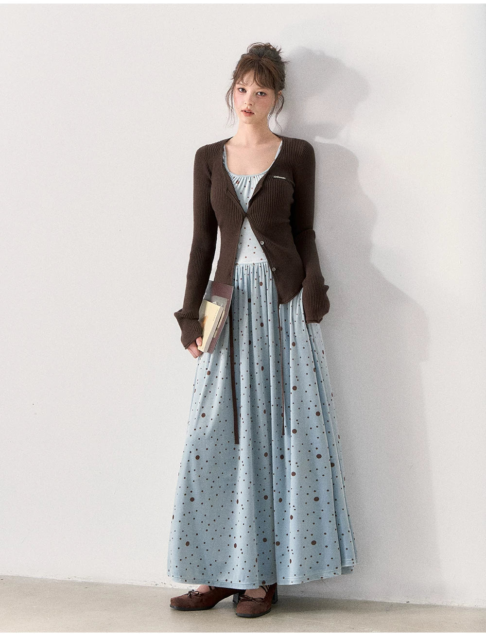 [TMMG] Vintage Polka Dot Velvet Dress & Fitted Ribbed Cardigan Set