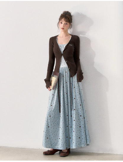 [TMMG] Vintage Polka Dot Velvet Dress & Fitted Ribbed Cardigan Set