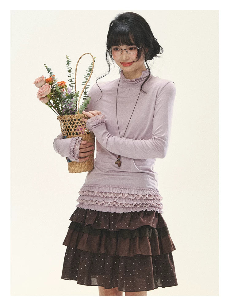 "Caramel Lace Notes" Brown Polka Dot Tiered Lace Midi Skirt
