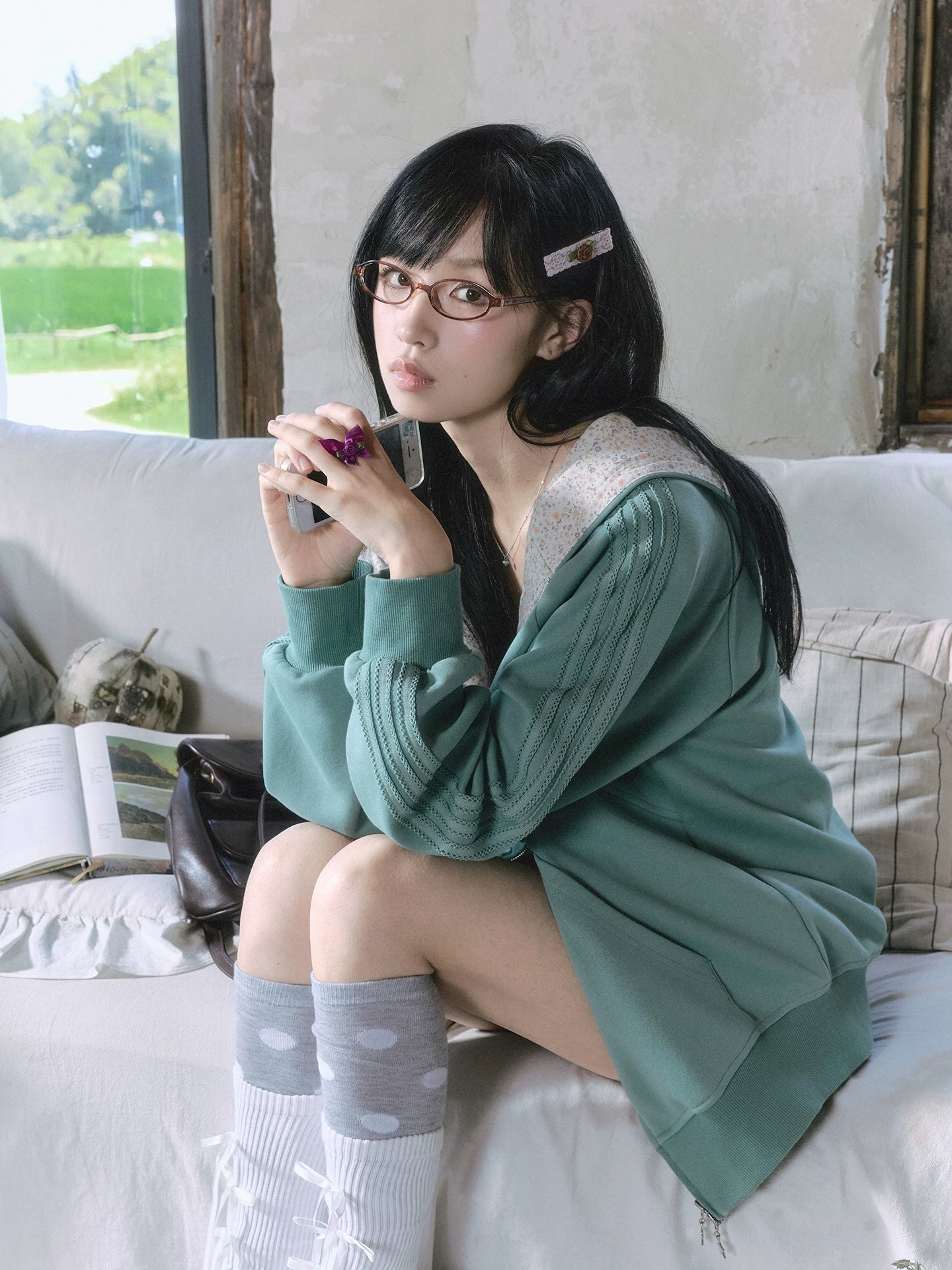 "Sage Whisper" Floral Layered Collection (Hoodie / Lace Cami / Bubble Shorts)