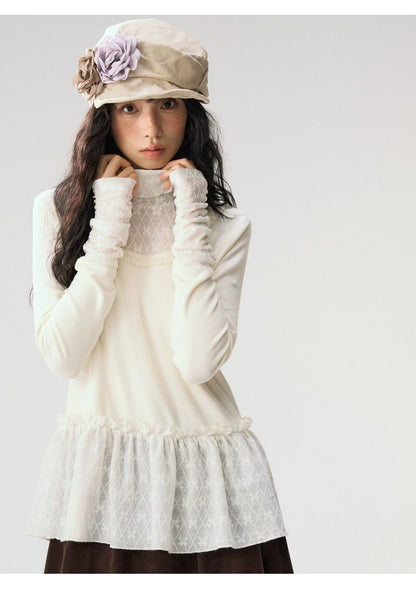 [CAN] “Cream Cloud” Ivory Lace Ruffle High-Neck Top